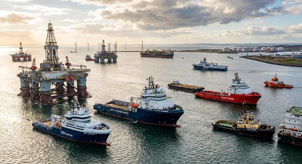 Offshoreplatform med forsyningsskibe og slæbebåde